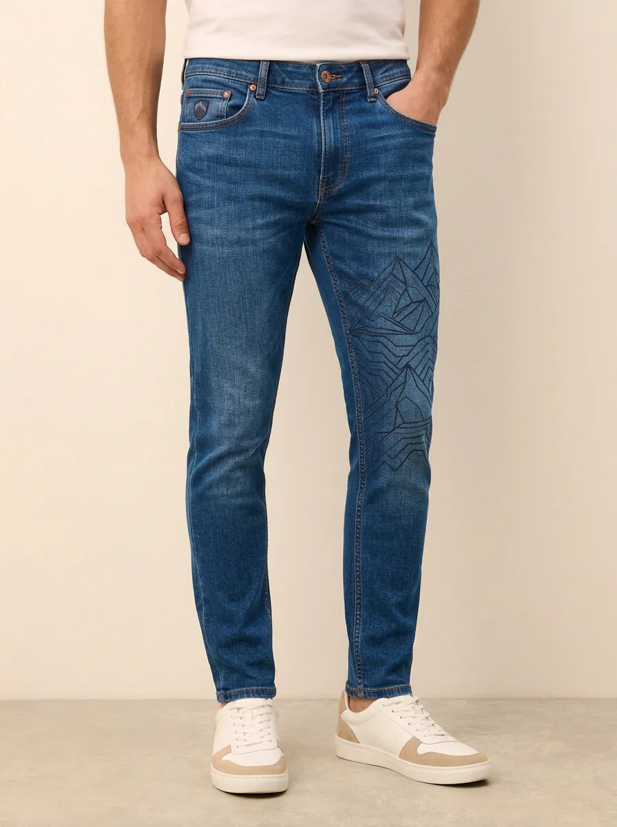 Men's Mid-Blue Mountain Landscape Geometric Stretch Jeans