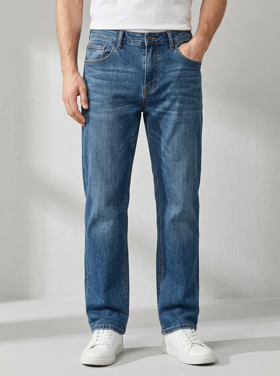 Men's Casual Vintage Wash Blue Printed Straight Leg Jeans