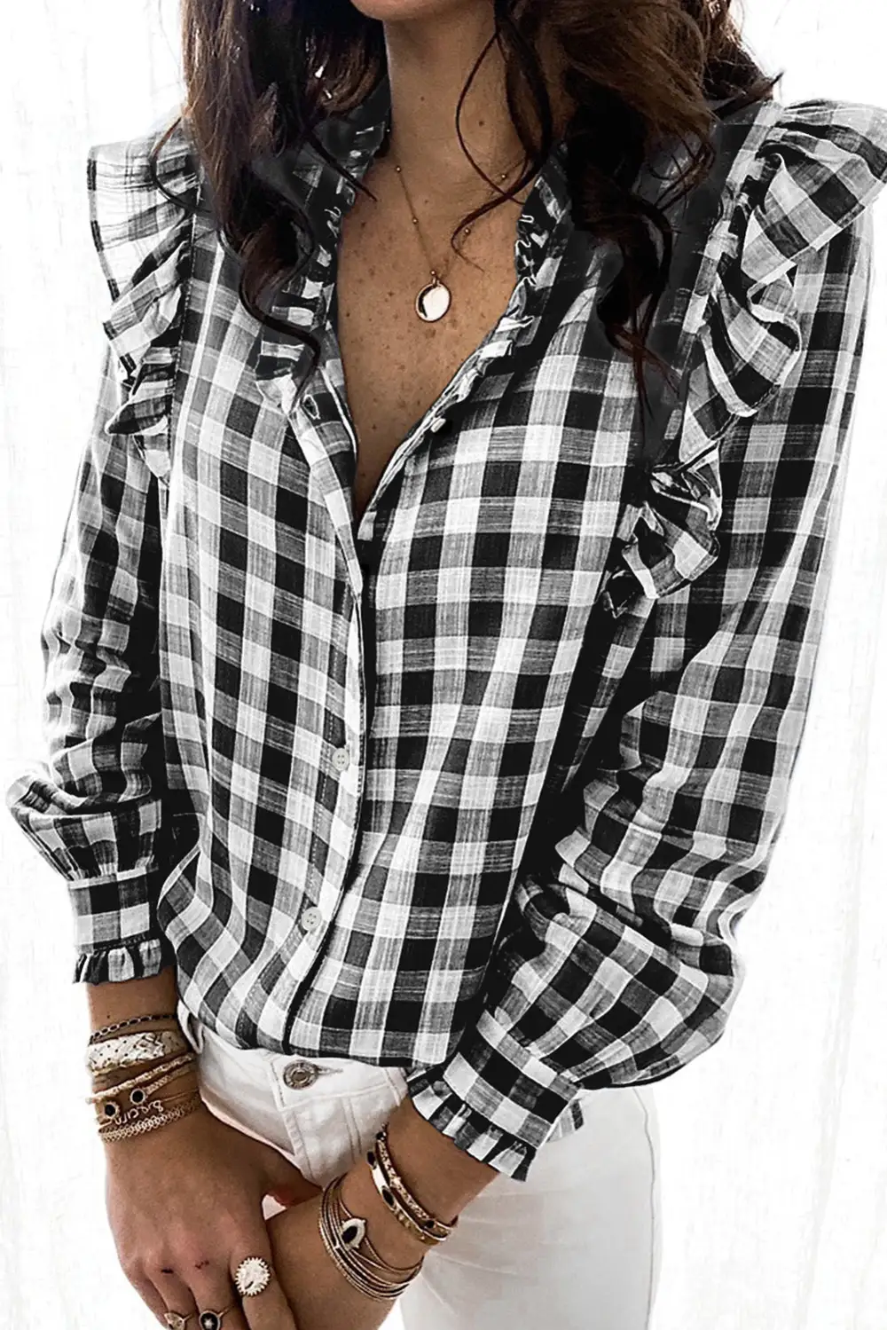 Plaid Print Ruffled Buttoned Shirt
