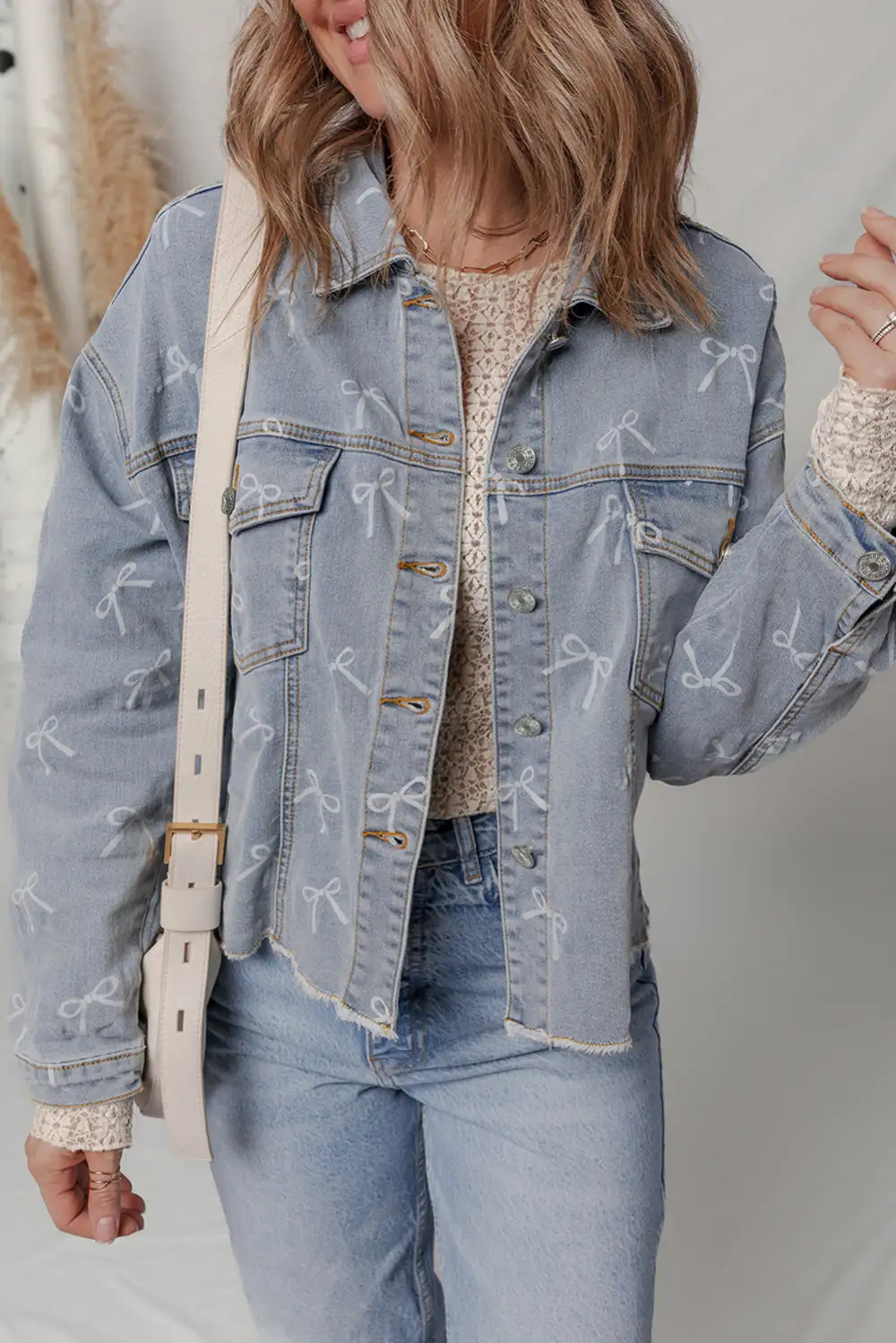 Women's Bow Knot Print Light Wash Raw Hem Denim Jacket