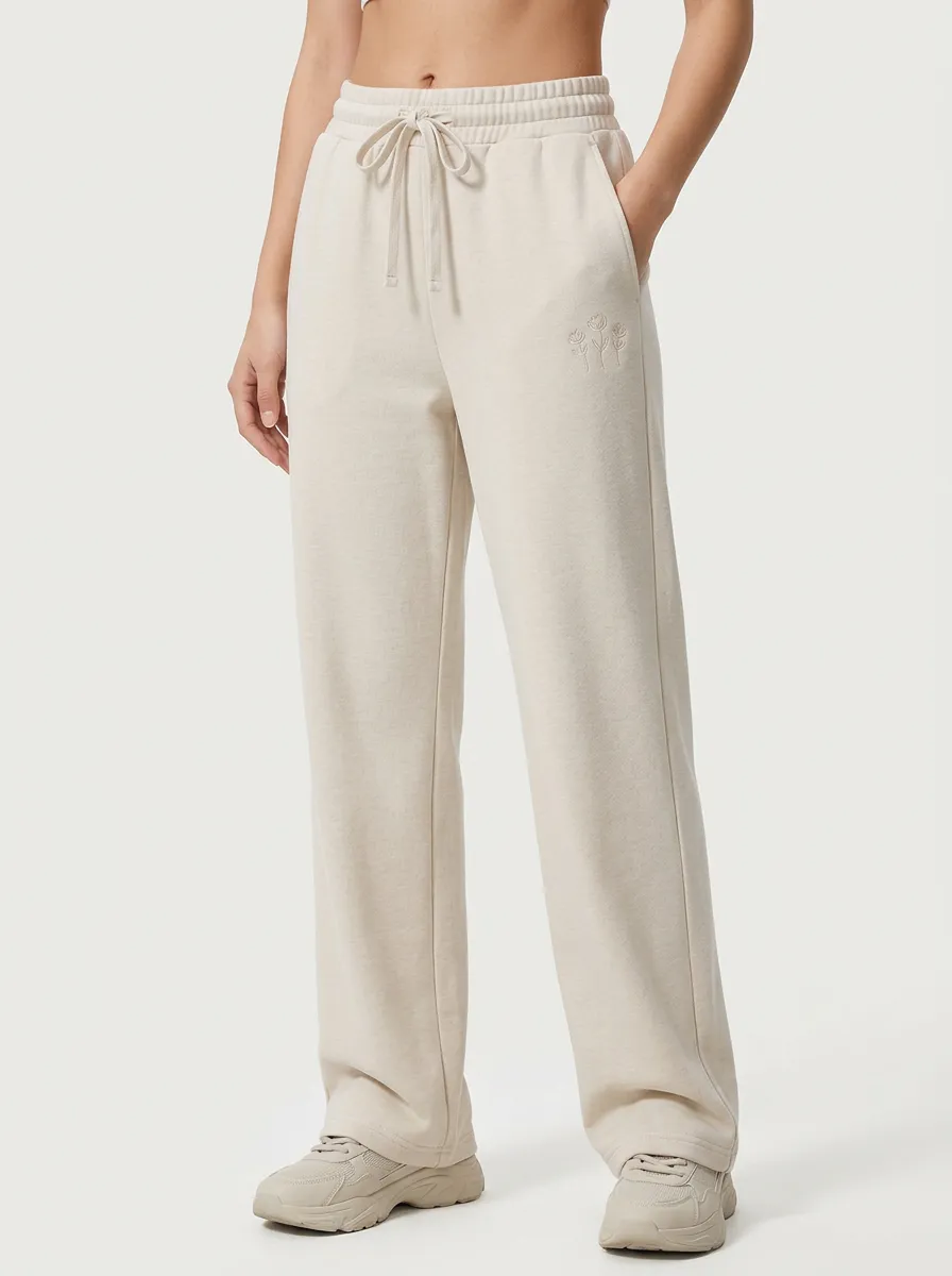 Women's Minimalist Floral Beige Embroidered Sweatpants