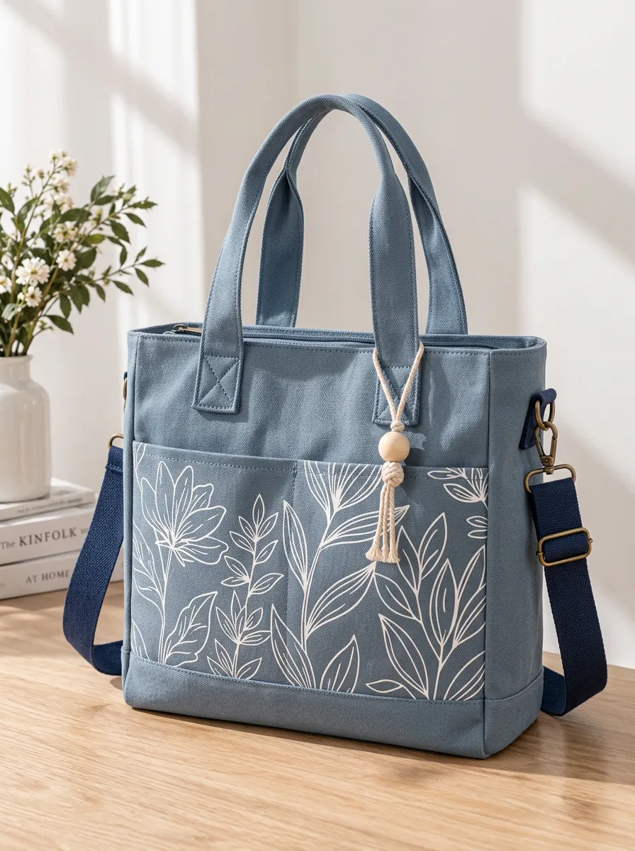 Women's Botanical Floral Line Art Canvas Print Shoulder Tote Bag