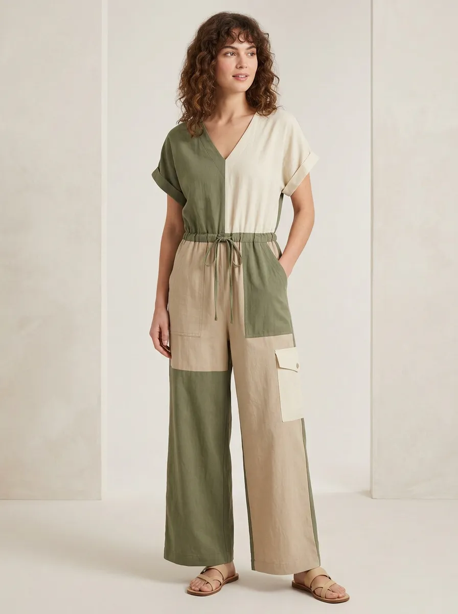 Women's Casual V-Neck Patchwork Colorblock Drawstring Jumpsuit