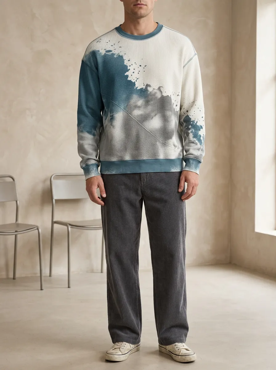 Men's Abstract Blue Splatter Waffle Knit Printed Sweatshirt