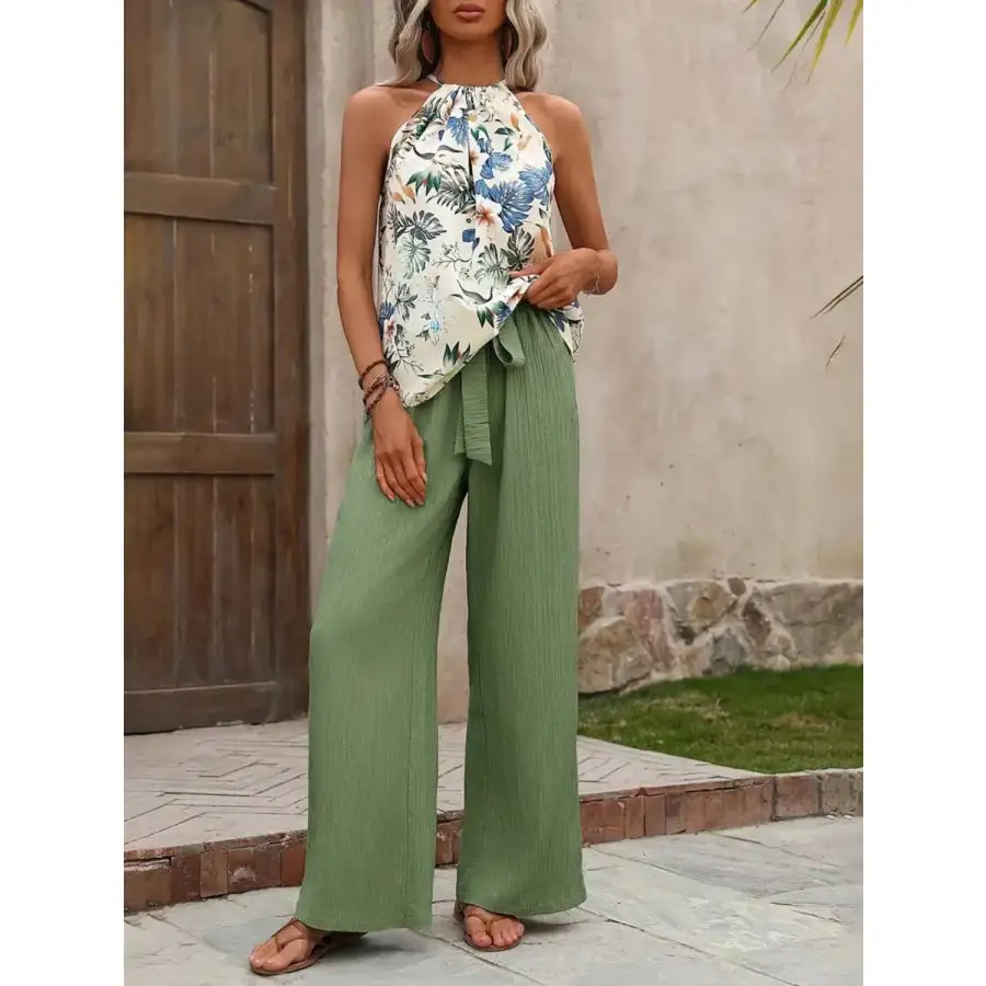 Printed Tank Top and Wide Leg Pants Set