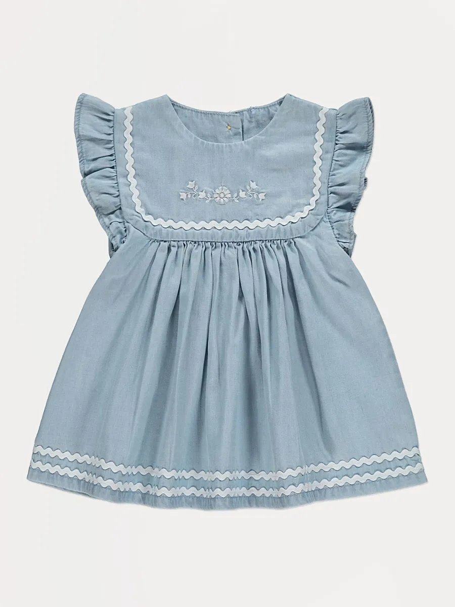 Denim Embroidery Frill Sleeve Ric-Rac Trim Dress