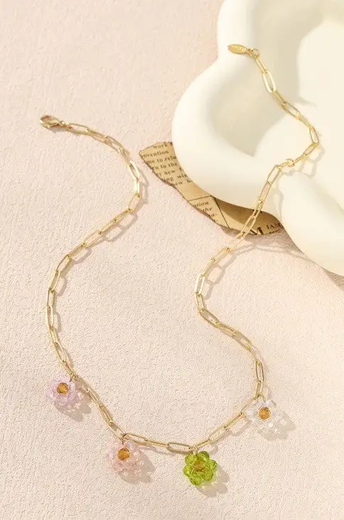 Floral Glass Bead Link Necklace