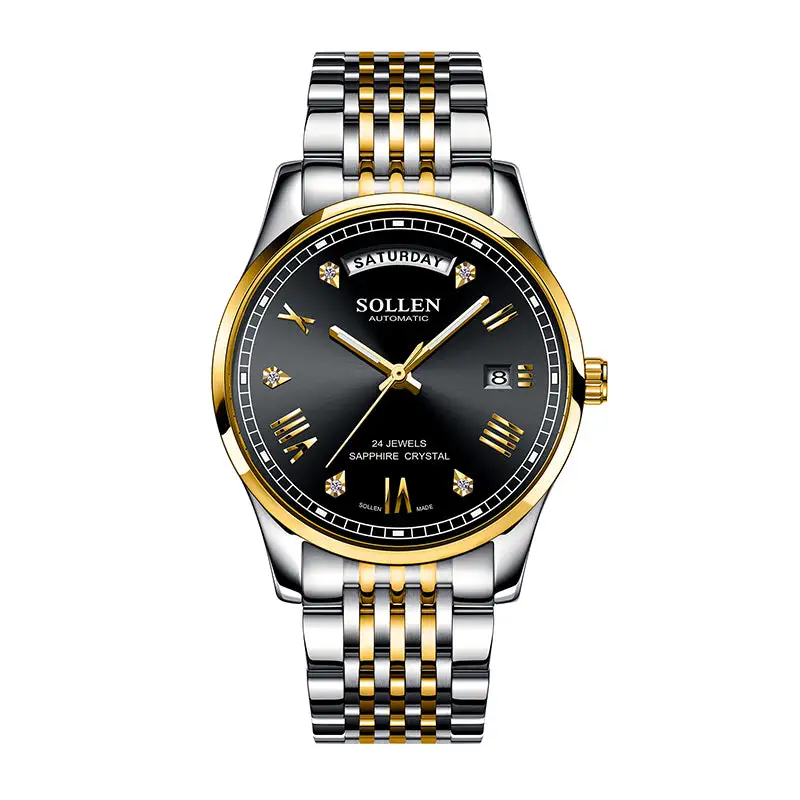 Sollen 9016 Automatic Watch - Men's Full Day Date Sunray Dial 9-Bead Stainless Steel Bracelet Wristwatch