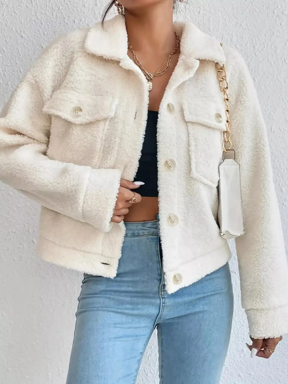Full Size Cozy Faux Shearling Button-up Jacket Plus Size