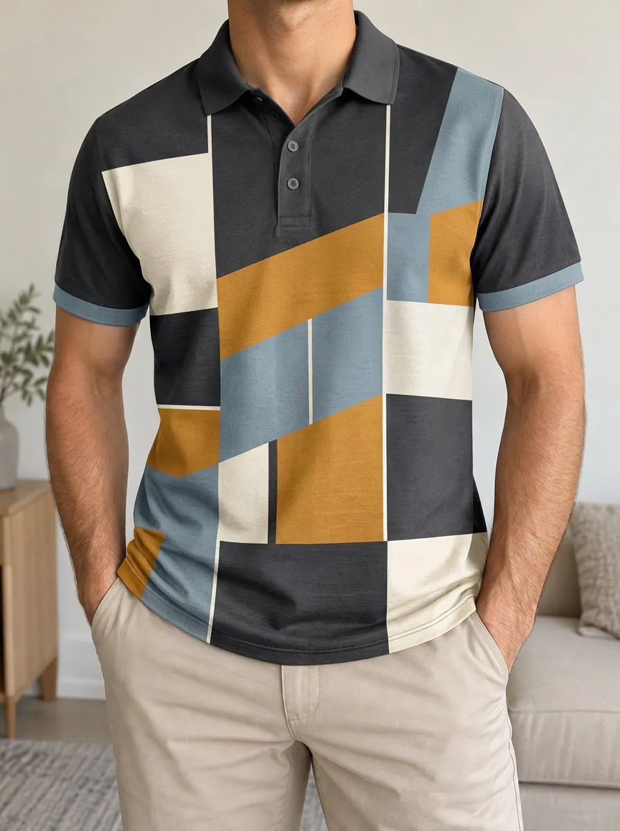 Men's Geometric Colorblock Abstract Printed Polo Shirt Relaxed Daily Style
