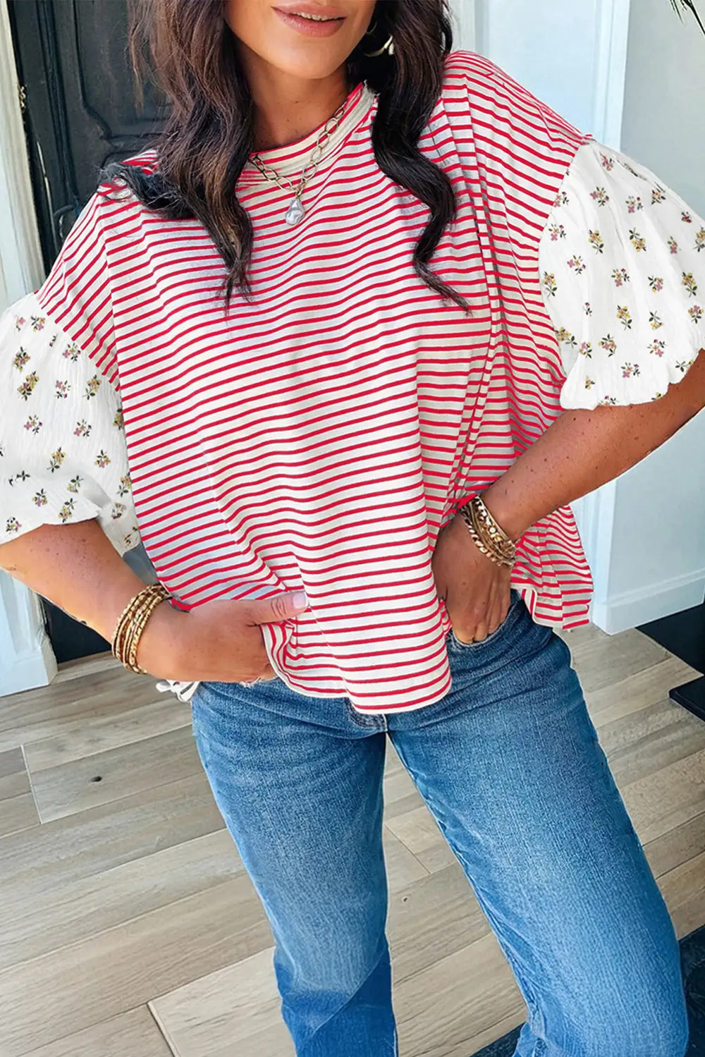 Women's Floral Print Striped Round Neck Top