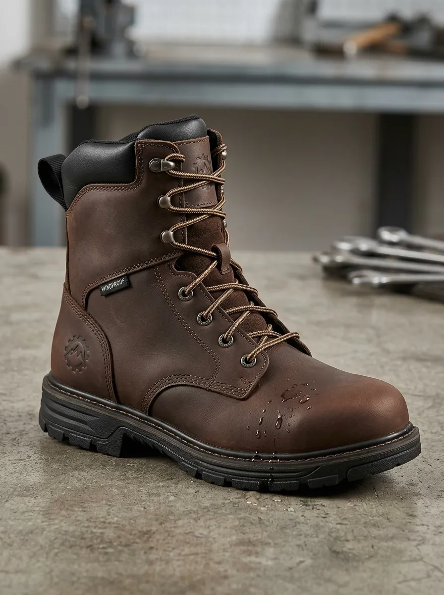 Men's Waterproof Brown Leather Gear Logo Printed Work Boots