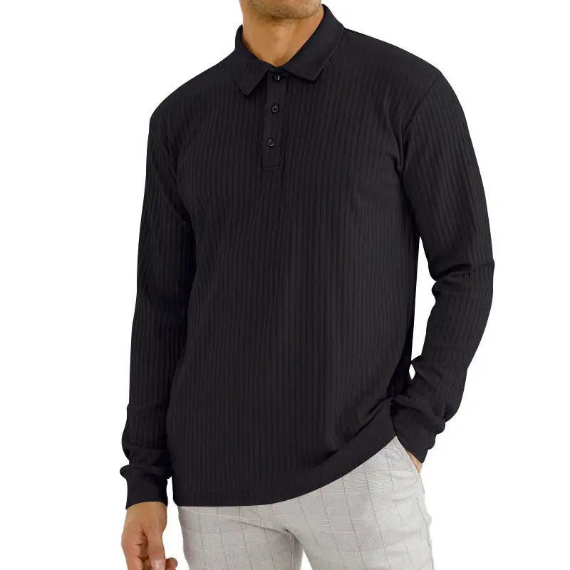 Ribbed Elastic Hem Long Sleeve Polo Shirt