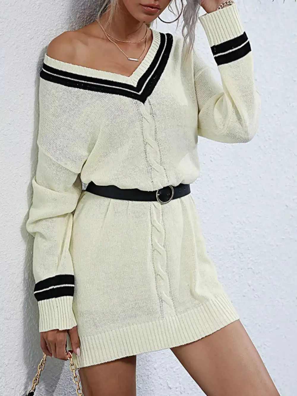 Striped Knit V Neck Sweater Dress