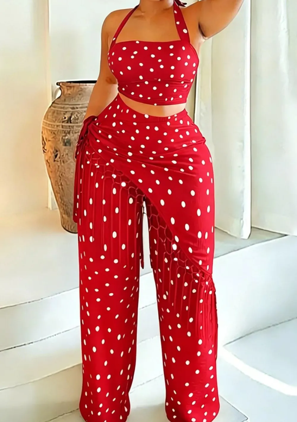 Polka Dot Halter Neck Cami and Fringe Trim Pants