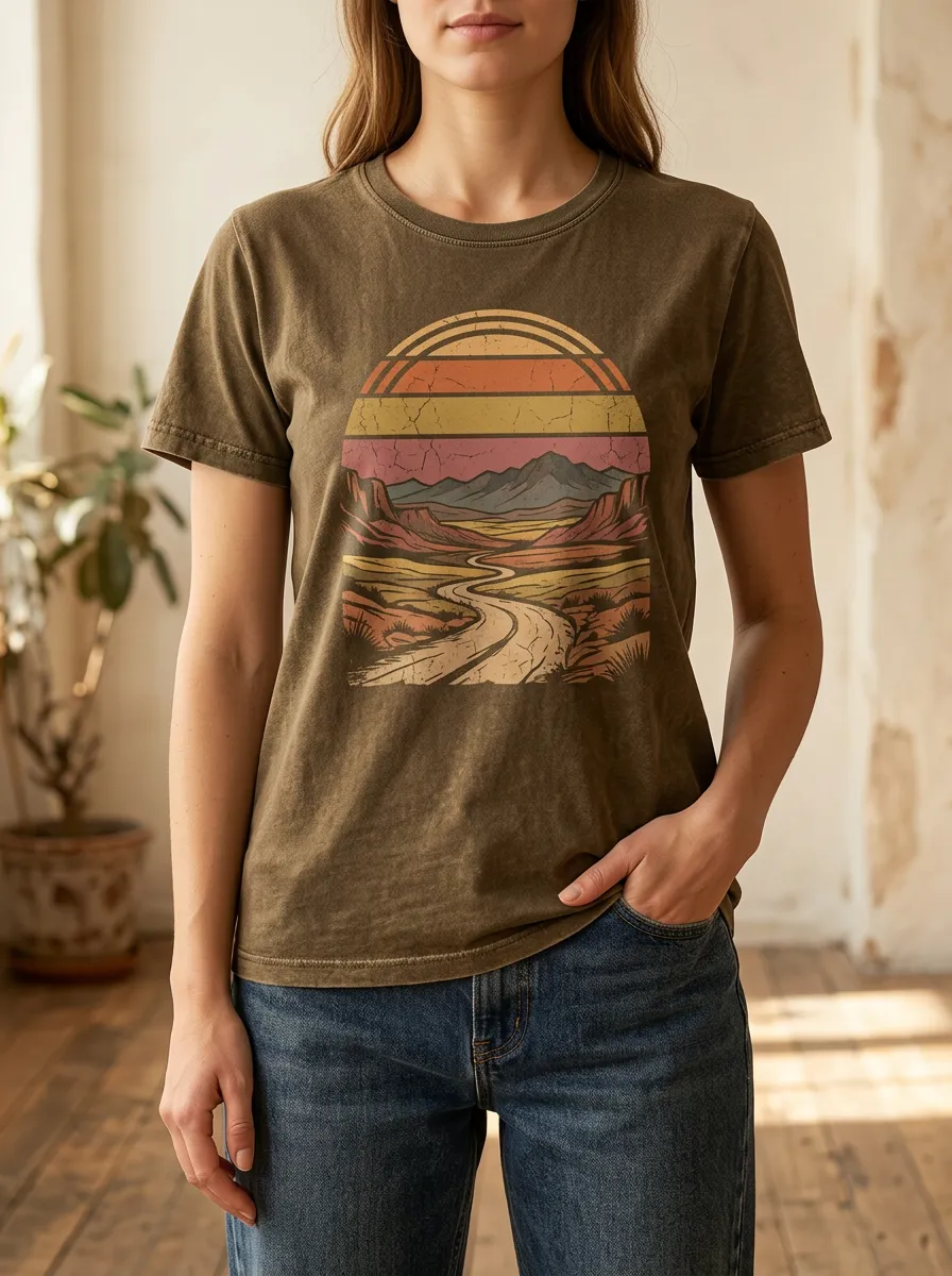 Women's Retro Desert Landscape Road Printed T-shirt