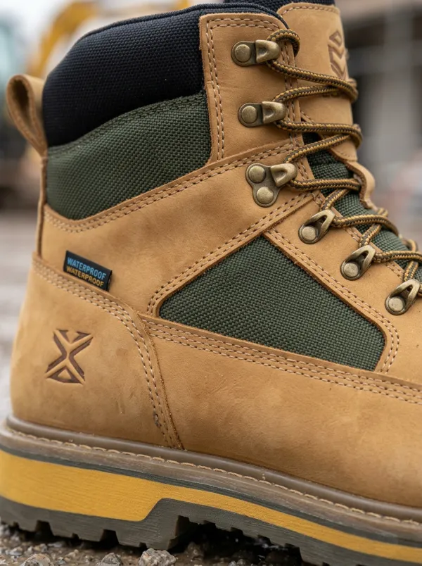 Men's Waterproof Construction Tan Leather Printed Work Boots