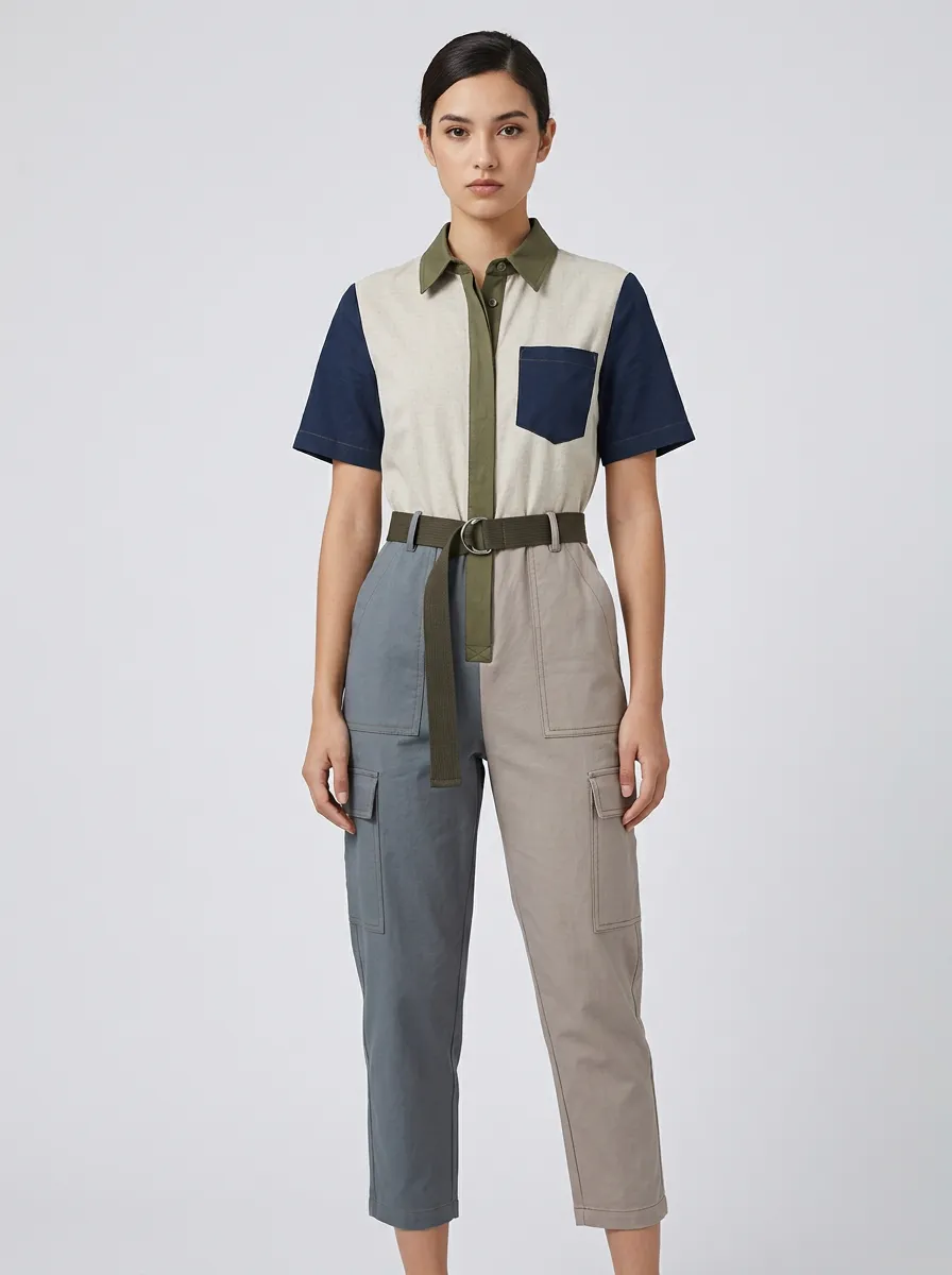 Women's Colorblock Cargo Belted Jumpsuit
