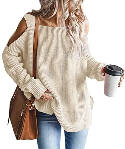 Women's Cold Shoulder Oversized Sweaters Batwing Long Sleeve Square Neck Chunky Knit Fall Tunic Sweater Tops