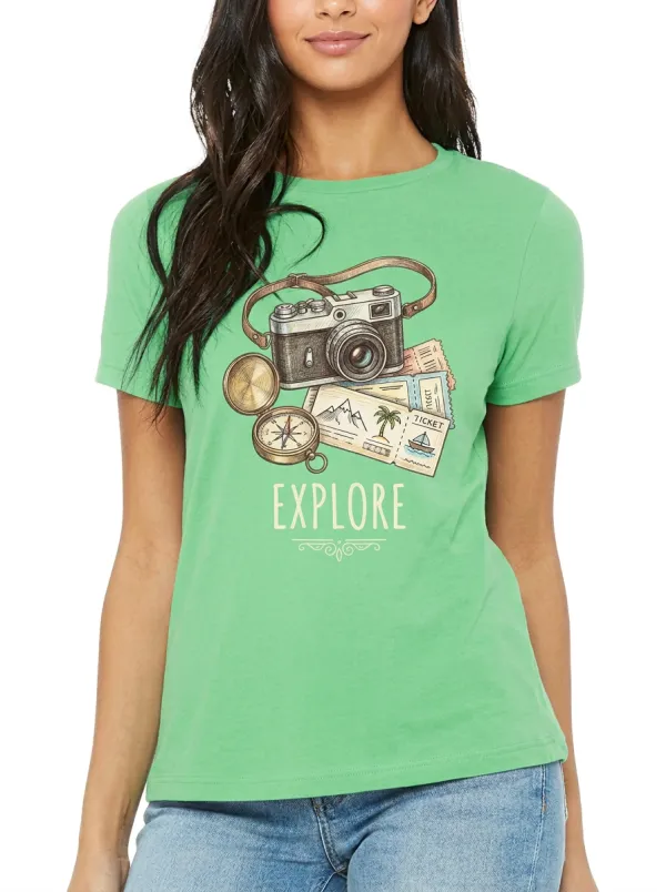 Women's Travel-Inspired Camera Compass Ticket Printed T-Shirt
