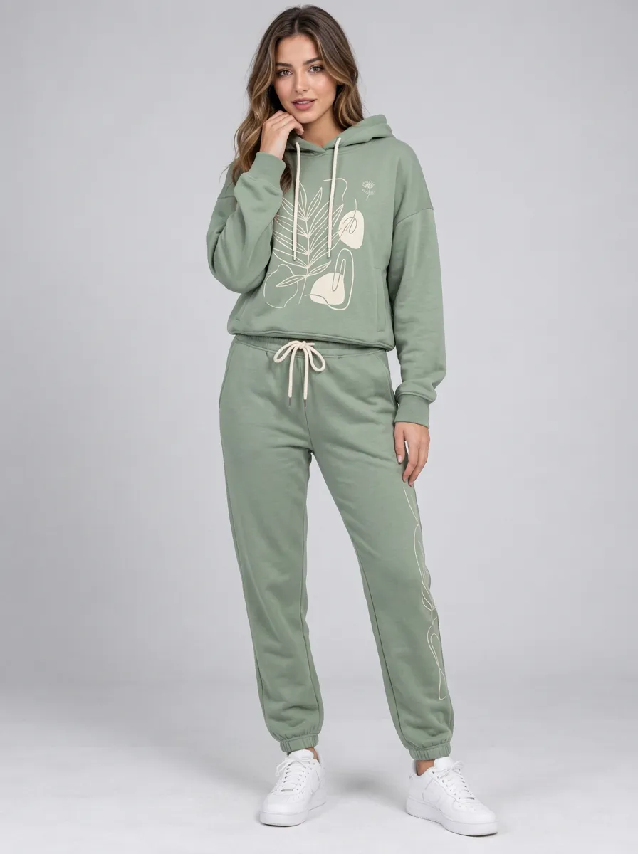 Women's Sage Green Dropped Shoulder Drawstring Hood Solid Hoodie & Jogger Pants Set