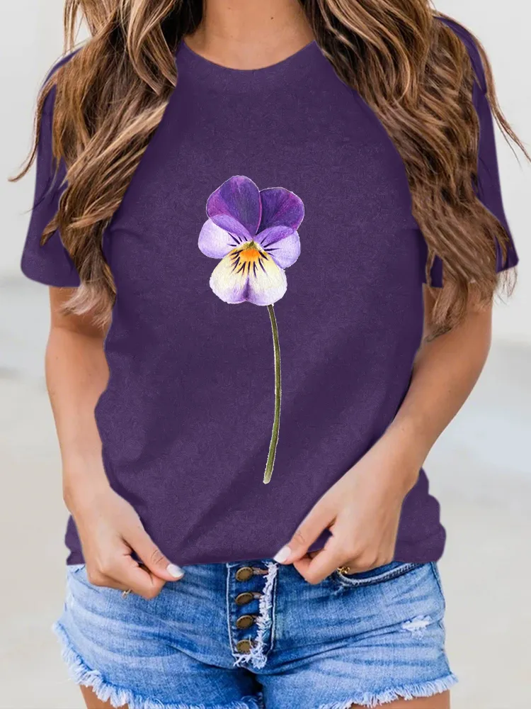 Women's Floral Printed Alzheimer's Awareness Round -Neck Short-Sleeved T-Shirt