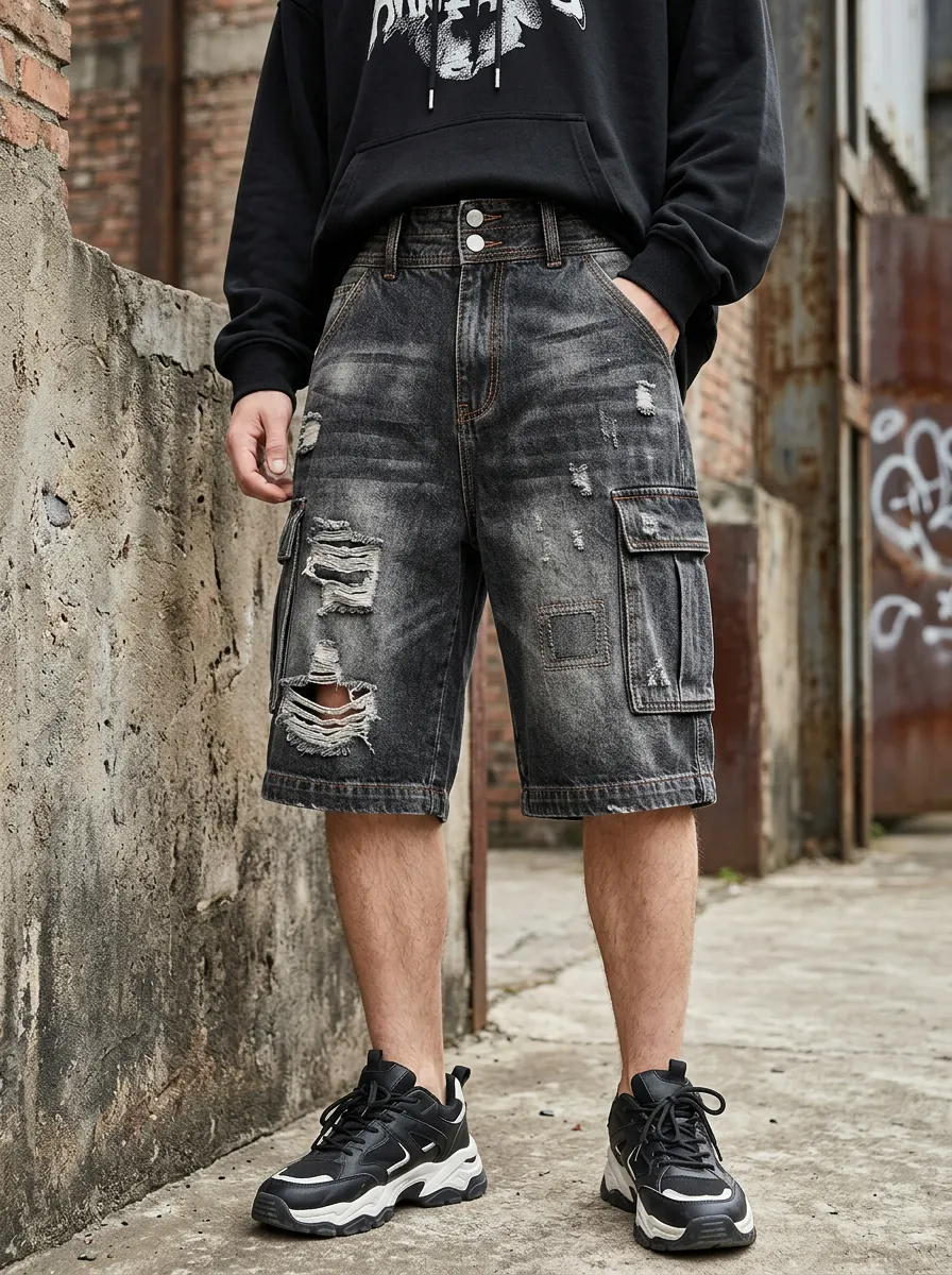 Men's Cargo Pocket Detail Cargo Denim Shorts