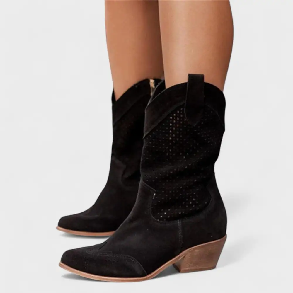 Leather Suede Block Heel Knee High Boots