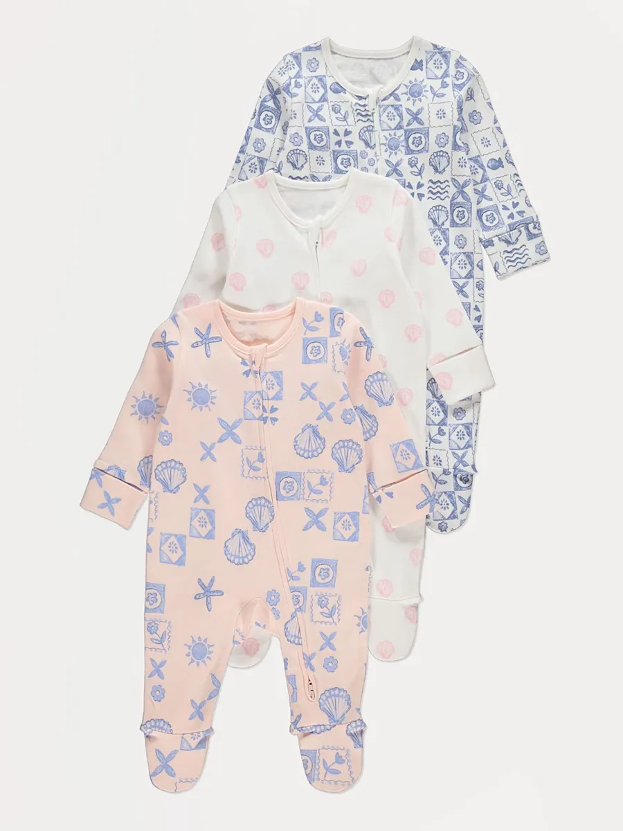 Seashell Zip Fasten Sleepsuit 3 Pack