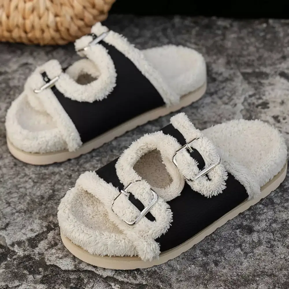 Buckle Decor Plush Lined Platform Slippers