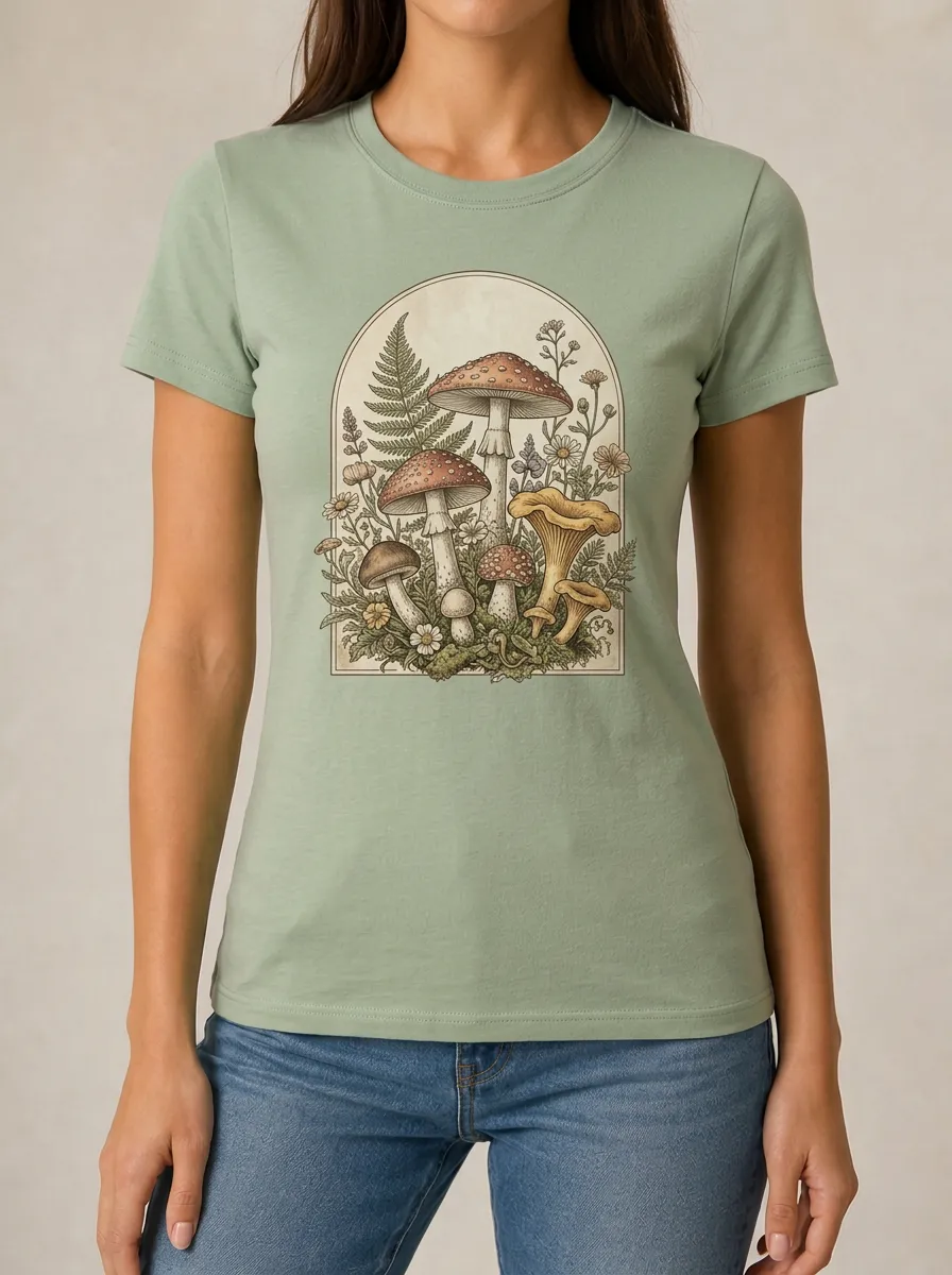 Women's Botanical Mushroom Graphic T-Shirt Crewneck