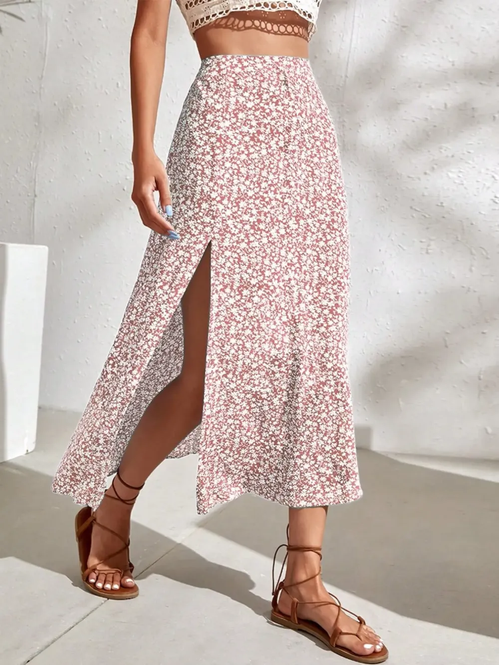 Women's Ditsy Floral Print Split Thigh A Line Skirt
