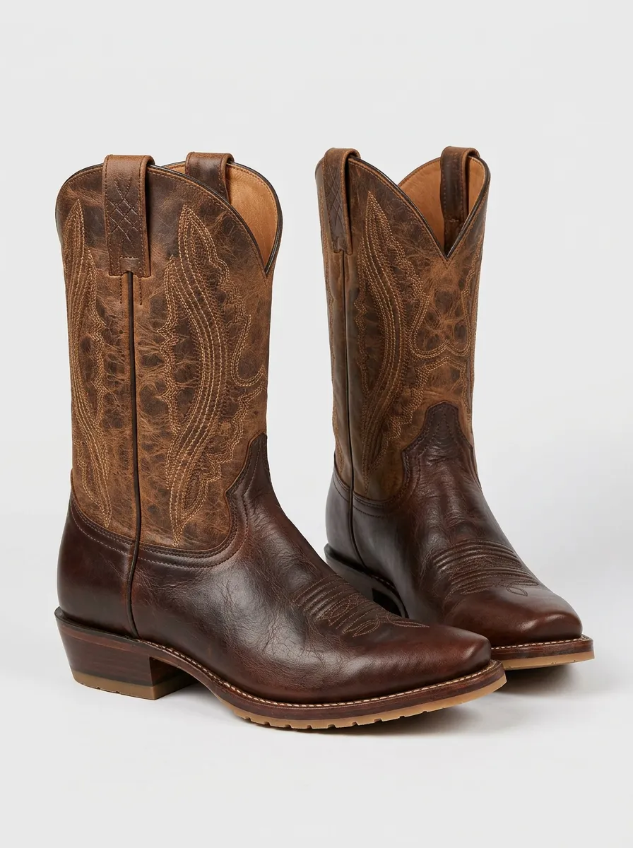 Men's Western Cowboy Embroidered Brown Leather Cowboy Boots