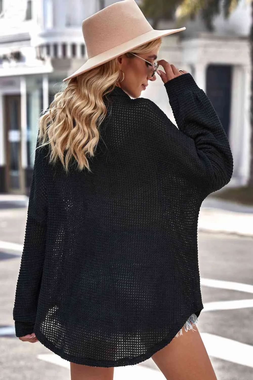 Dropped Shoulder Waffle Knit Collared Shirt