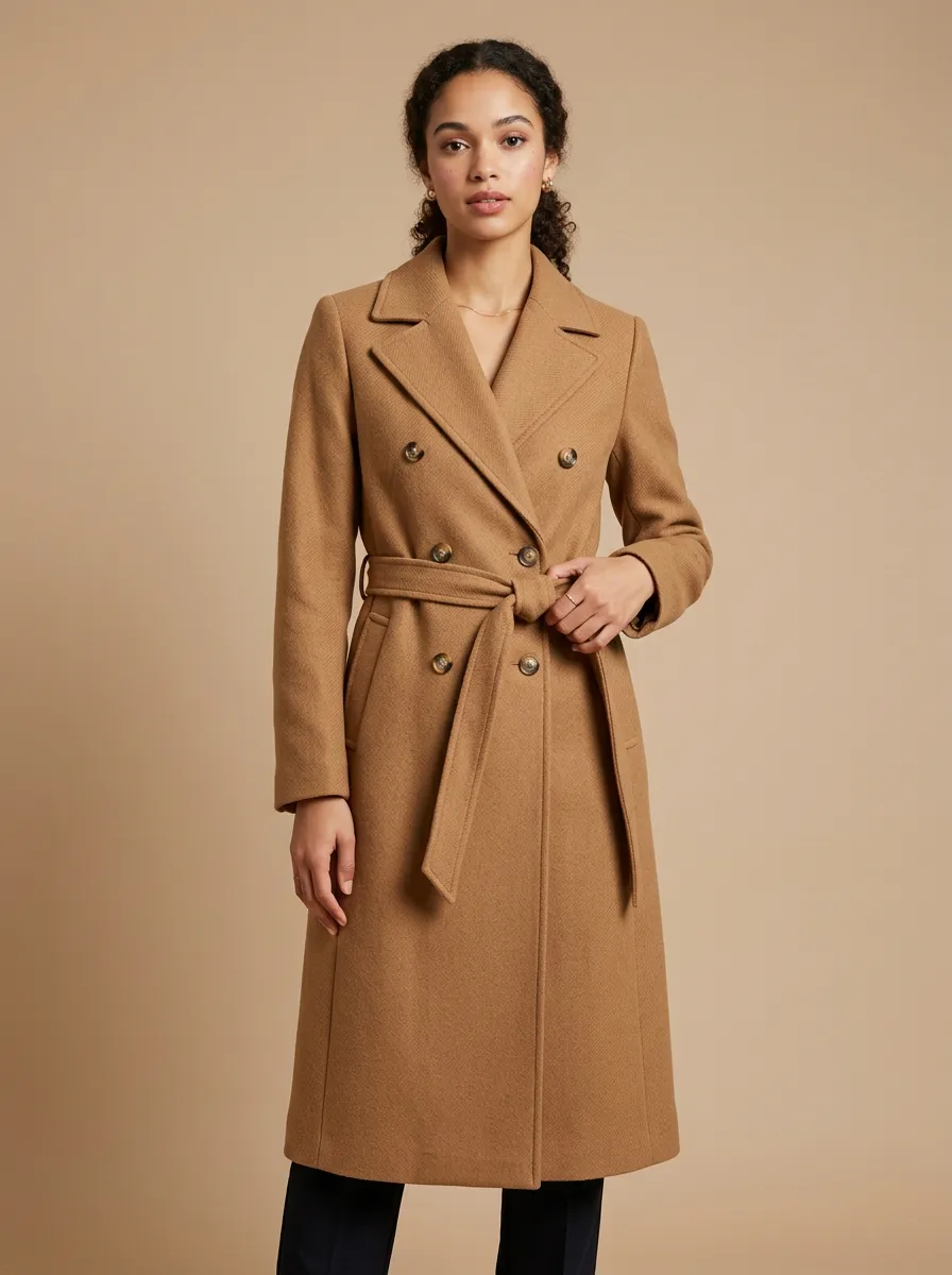 Women's Classic Camel Double-Breasted Belted Wool Trench Coat