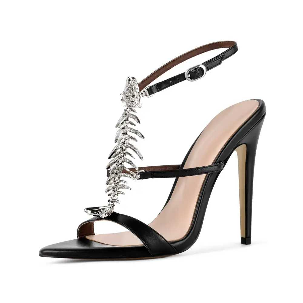 Pointed Toe Metal Fishbone Rhinestone Ankle Strap Sandals