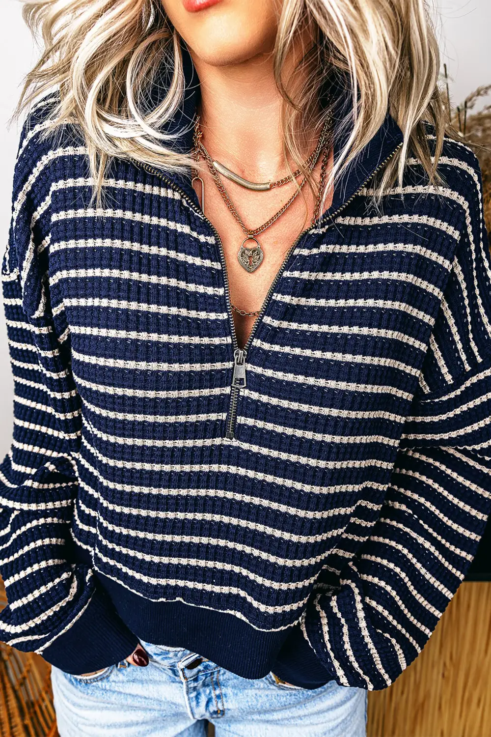 Refined Striped Ribbed Relaxed Stretch Fabric Long Sleeve Top