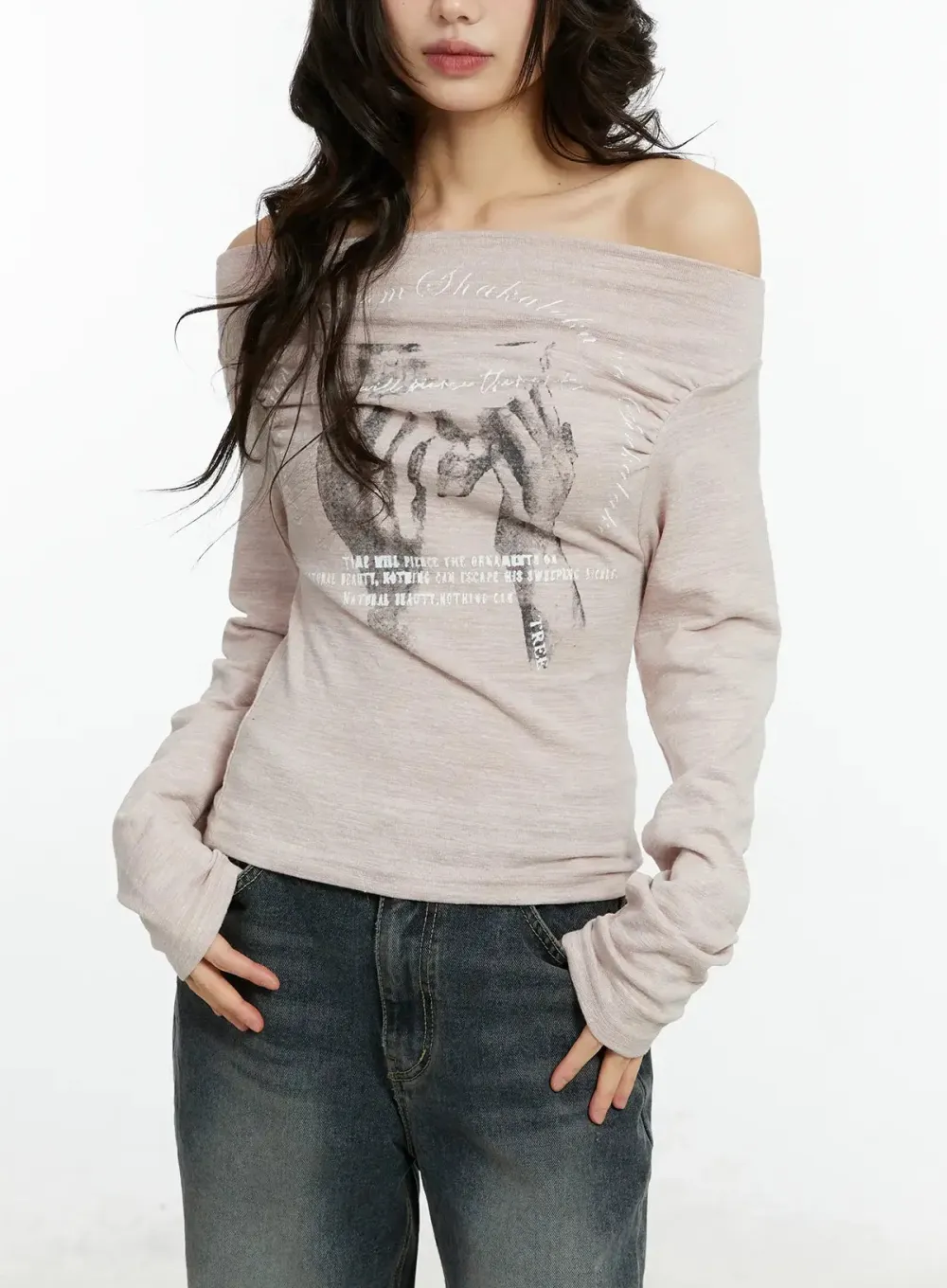 Graphic Print Off-Shoulder Long Sleeve Top