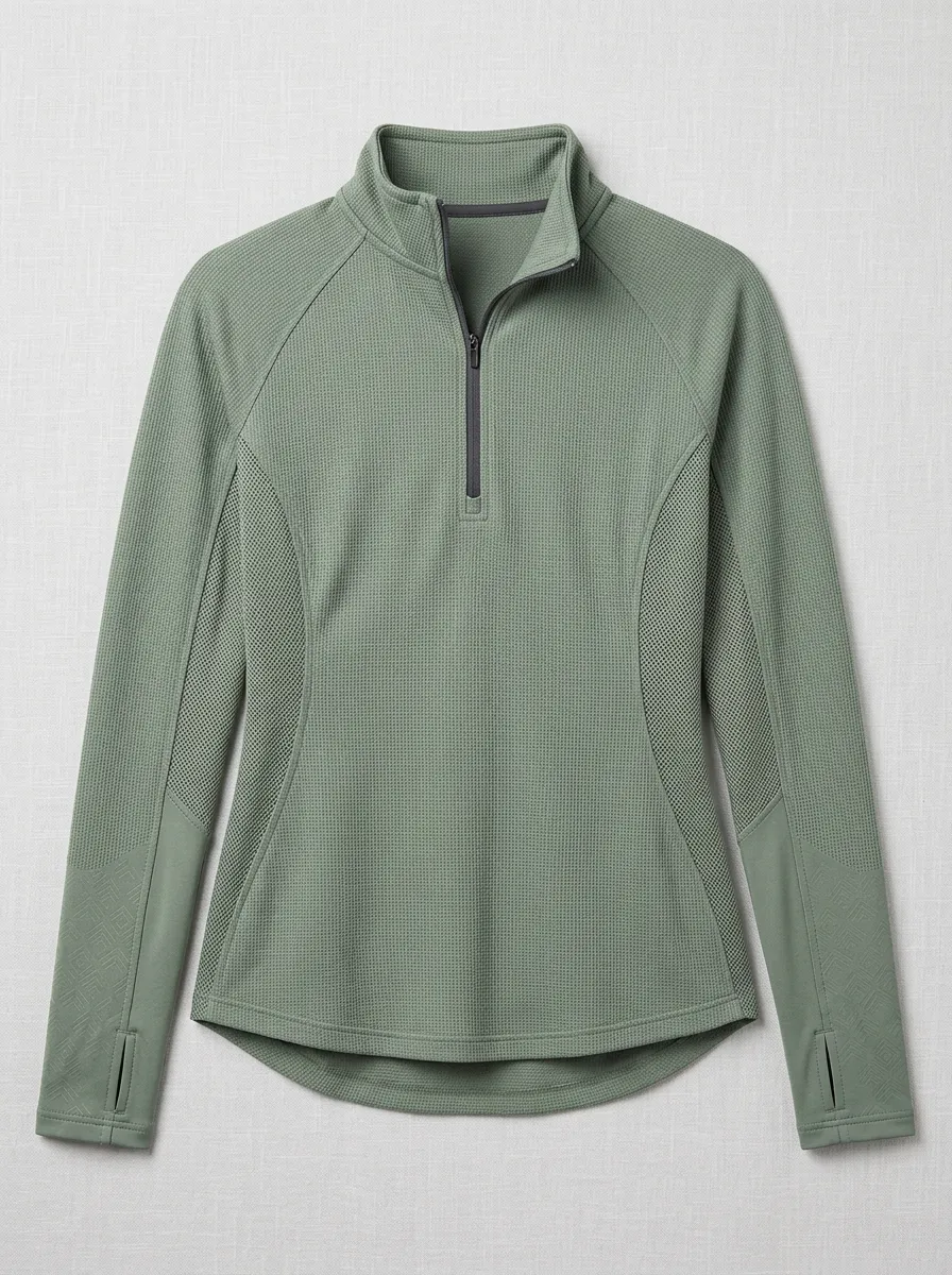 Women's Athletic Waffle Knit Quarter Zip Long Sleeve Top