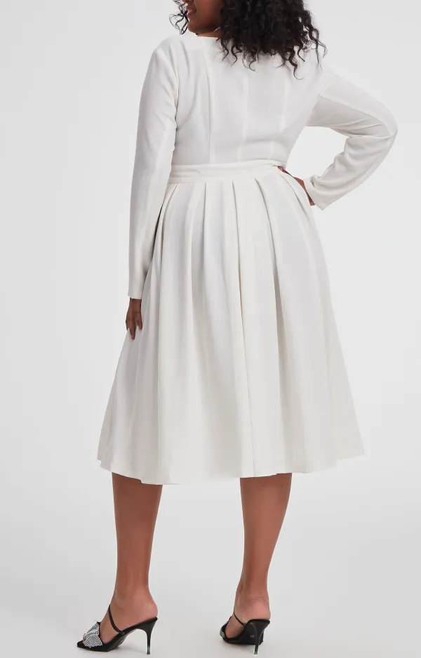Linen Cotton Fit And Flare Pleated Square Neck Long Sleeve Midi Dress