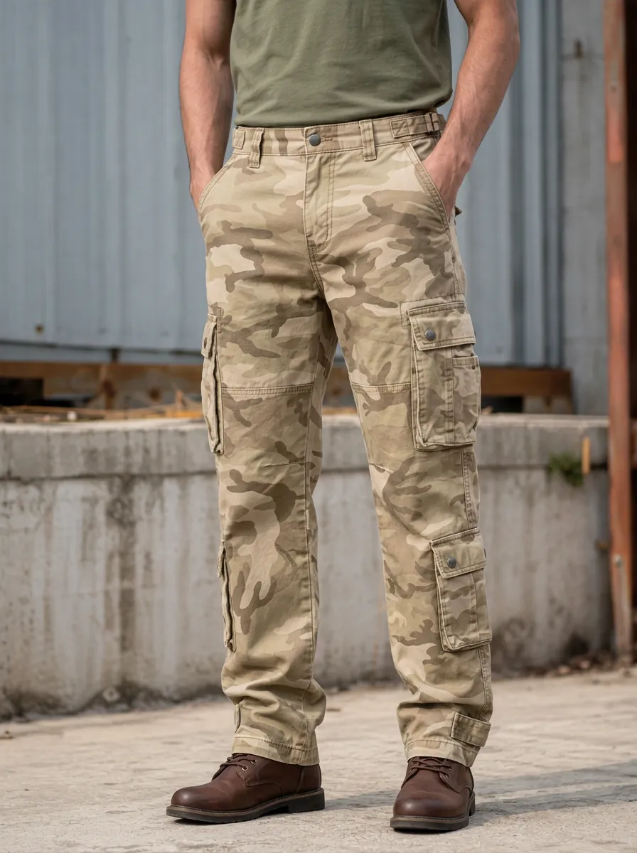 Men's Utility Desert Camo Multi-Pocket Straight Leg Cargo Pants