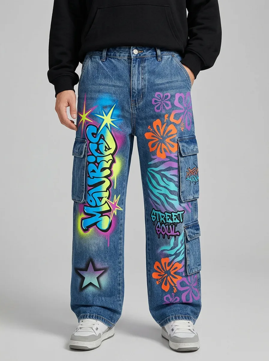 Men's Streetwear Graffiti Floral Art Print Cargo Jeans