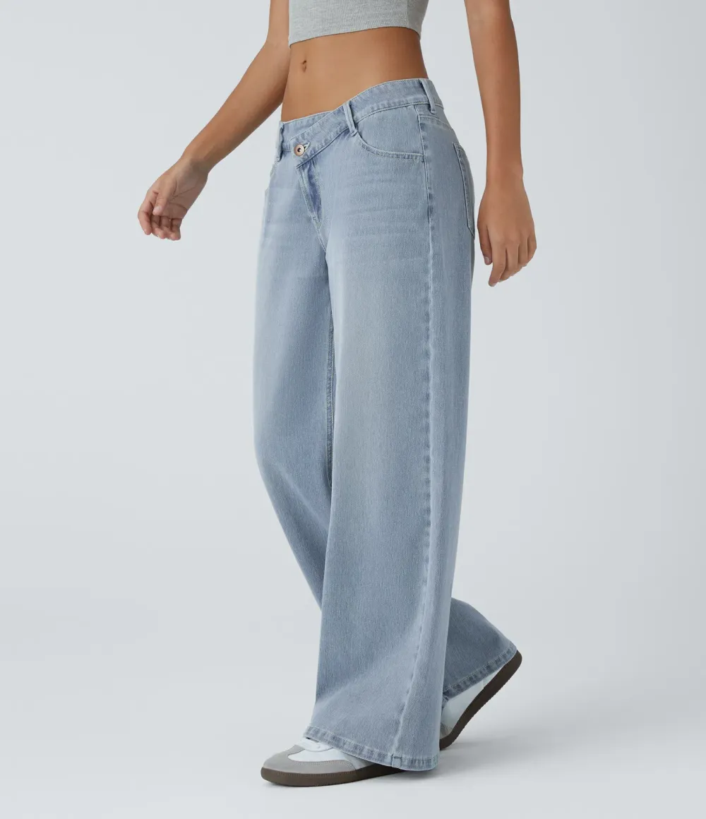 2026🔥  Low-rise wide-leg asymmetric jeans with button, zip, and multiple pockets; stretch knit fabric with a washed finish.