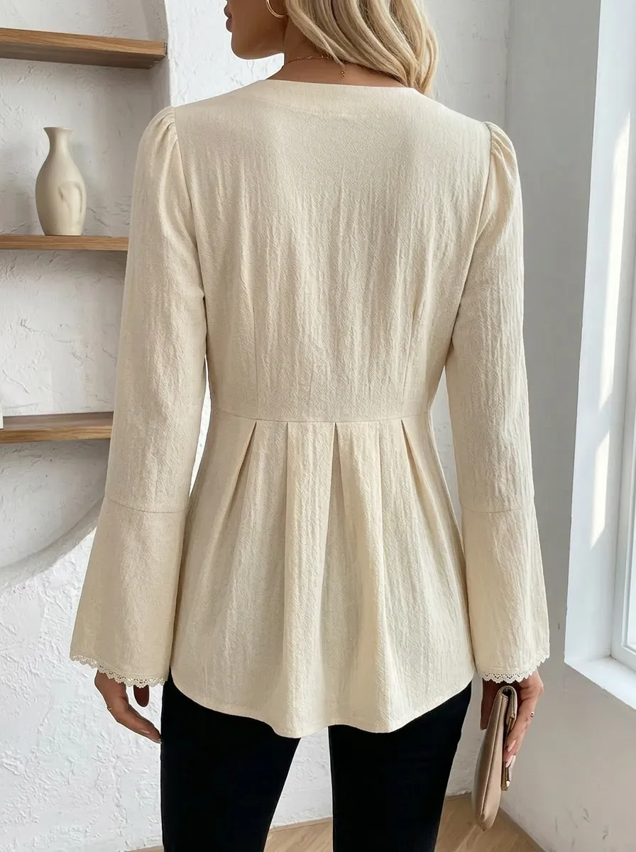 V-Neck Button Front Lace Trim Bell Sleeve Blouse