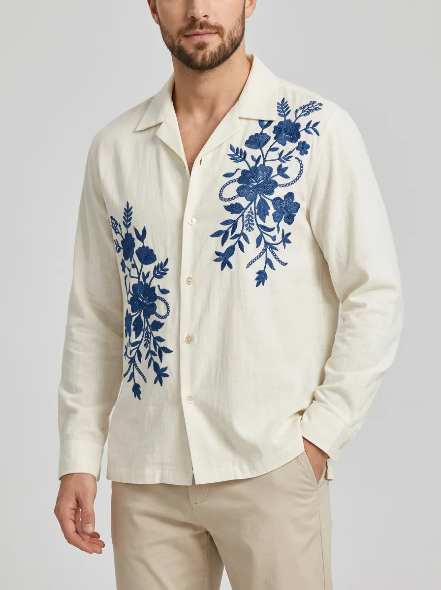 Men's Floral Artful Embroidered Linen Shirt