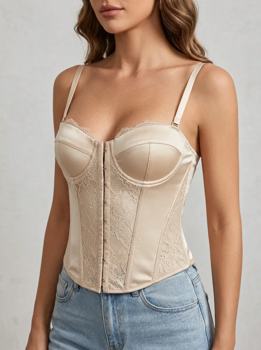Hook-and-Eye Satin-Style Sheer-Panel Women's Corset Top
