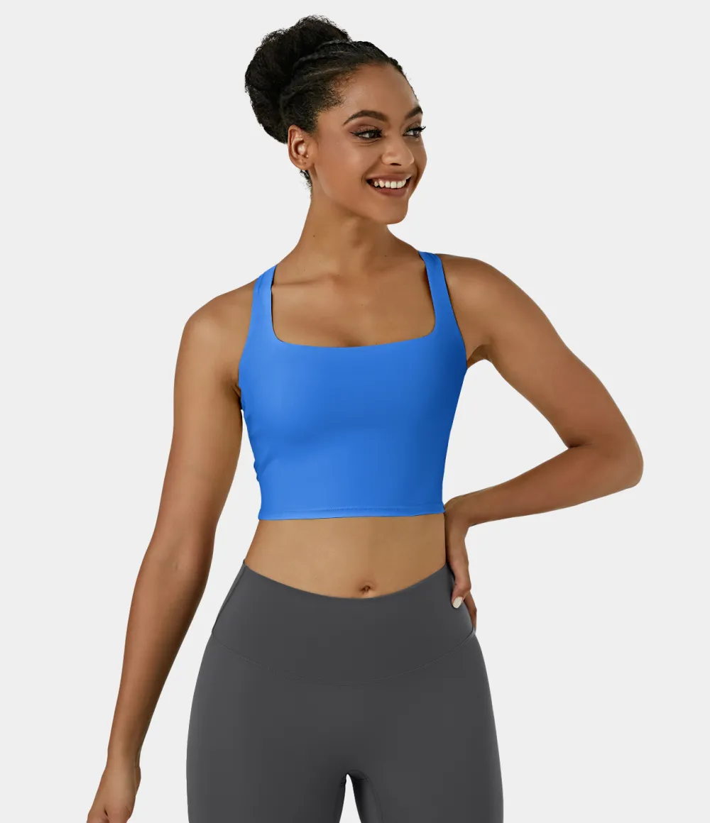Softlyzero Airy Square Neck Backless Crisscross Cropped Cool Touch Yoga Tank Top-UPF50+