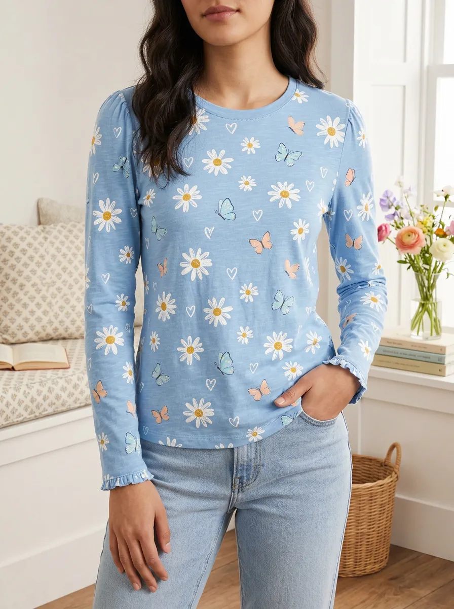 Women's Sweet Style Daisy Butterfly Heart Printed Long Sleeve Top