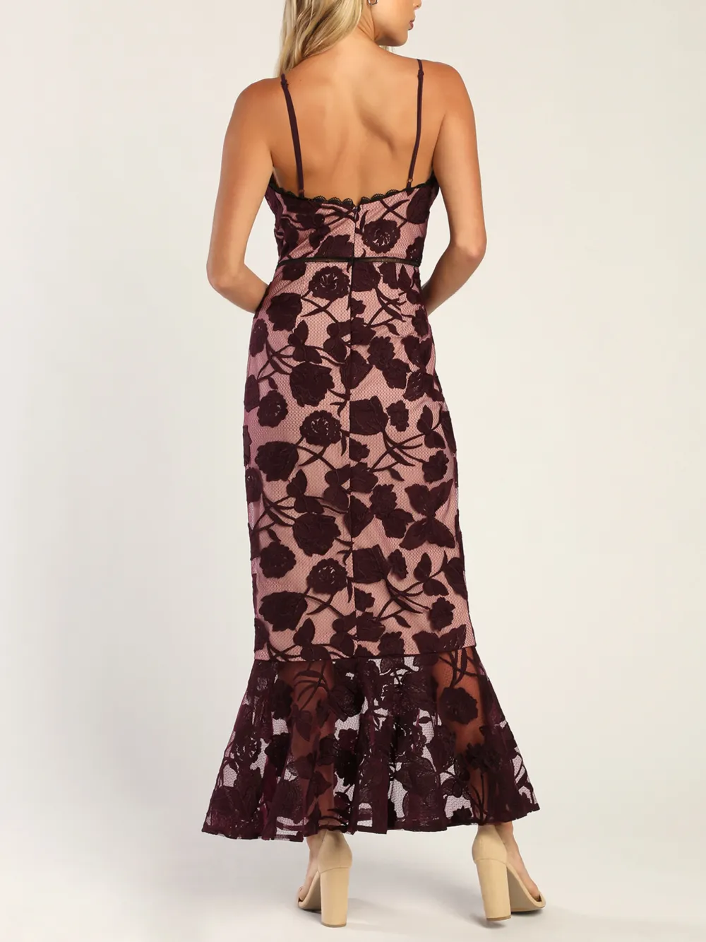 Navy Blue Floral Mesh Lace Trumpet Midi Dress
