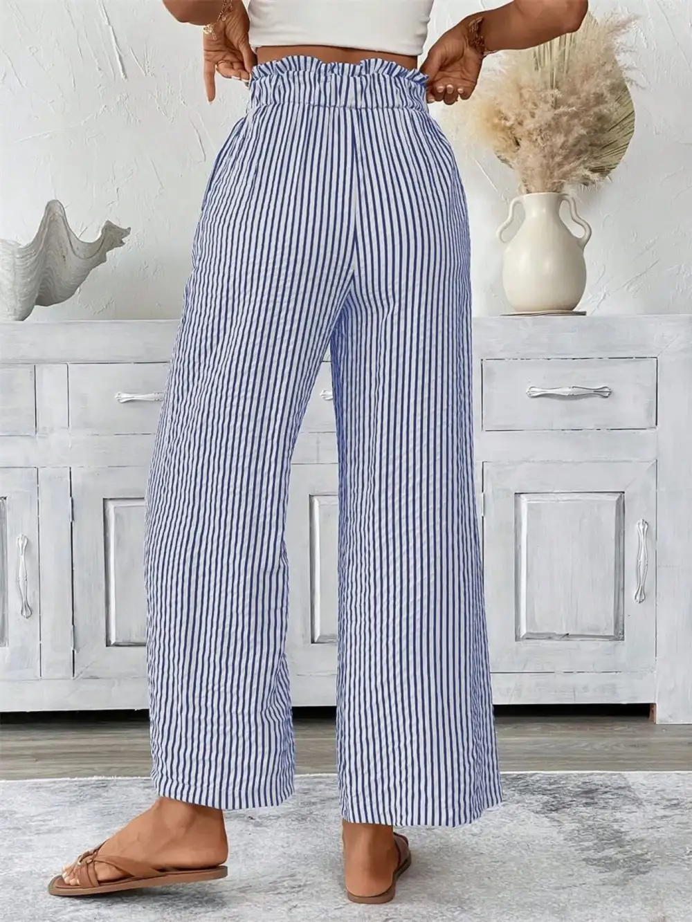 Wide Leg Paperbag Waist Striped Cropped Pants